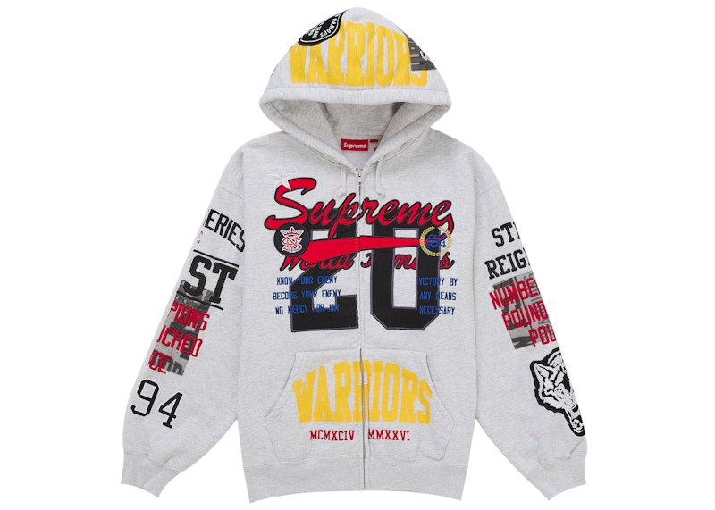 Supreme Warriors Applique Zip Up Hooded Sweatshirt Ash Grey